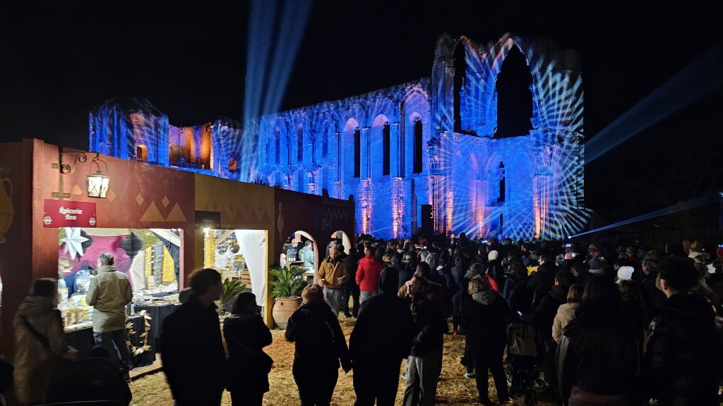 Christmas market in the grounds of a ruined abbey in Maillezais France