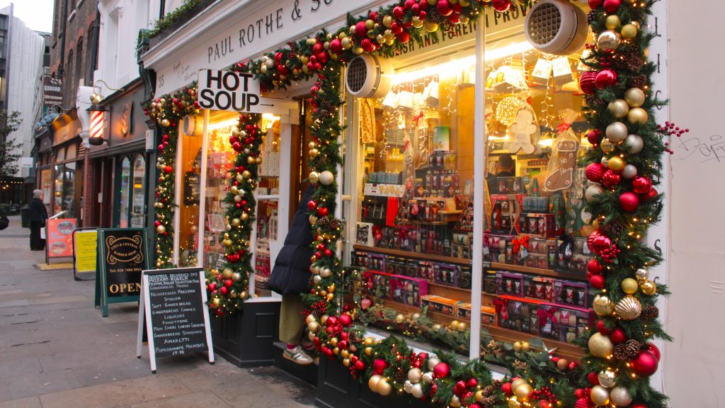 Best shops in London at Christmas. Small London shop fronts decorated for Christmas