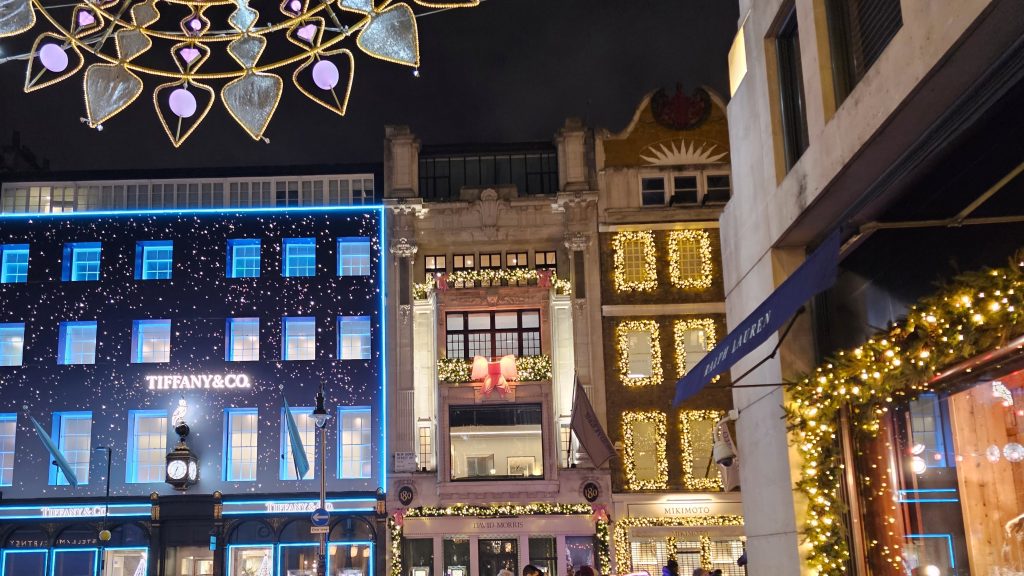 Burlington Gardens looking at New Bond Street Christmas lights London 2025