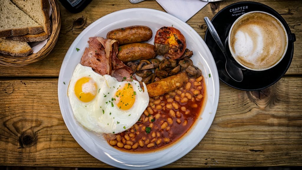 Full English Breakfast including baked beans at a European hotel breakfast