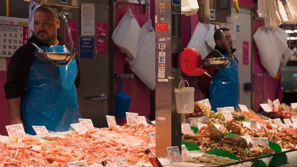Markets in Madrid seafood counter Mercado Maravillas