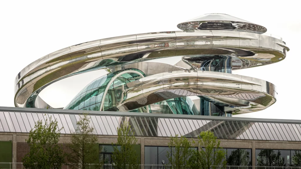 the metal structure coming out of the roof at the Fenix museum in Rotterdam