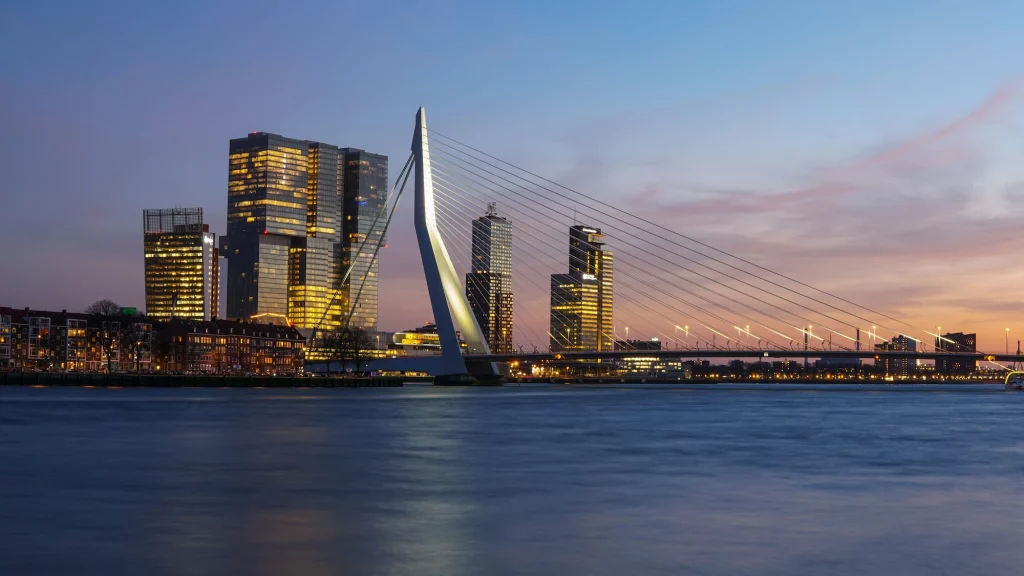 A view of the harbour in rotterdam at night a good place to go in Euorpe in April