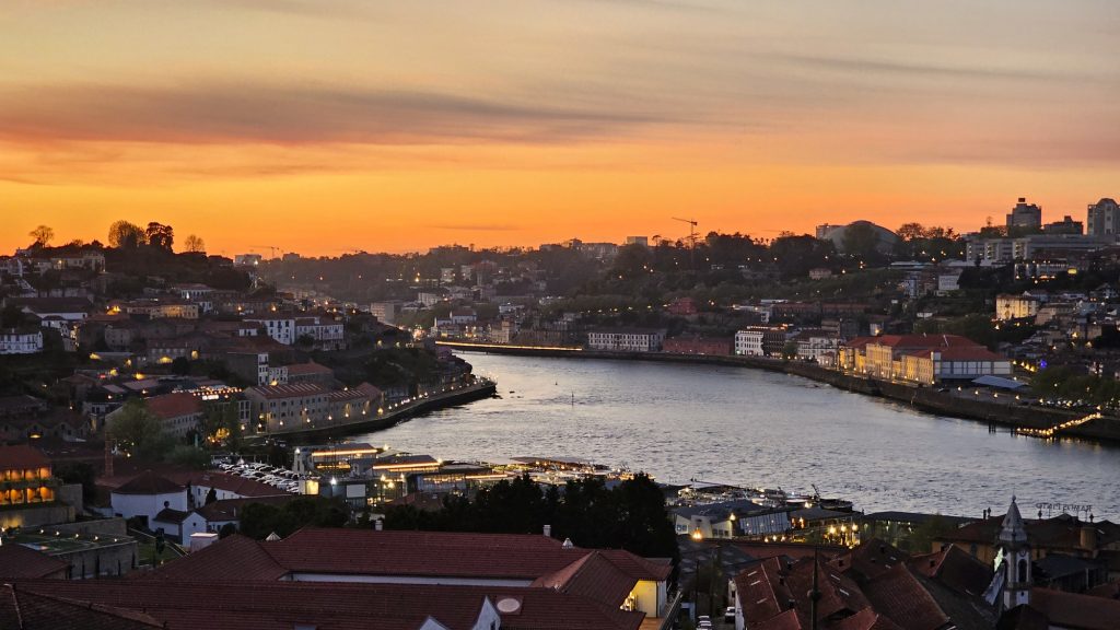 View from The Yeatman hotel at sunset over the Duoro river and the city of Porto