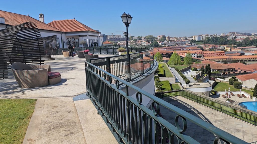 Terrace at the Yeatman Hotel one of the best luxury hotels in Porto a view of the gardens and the outdoor pool